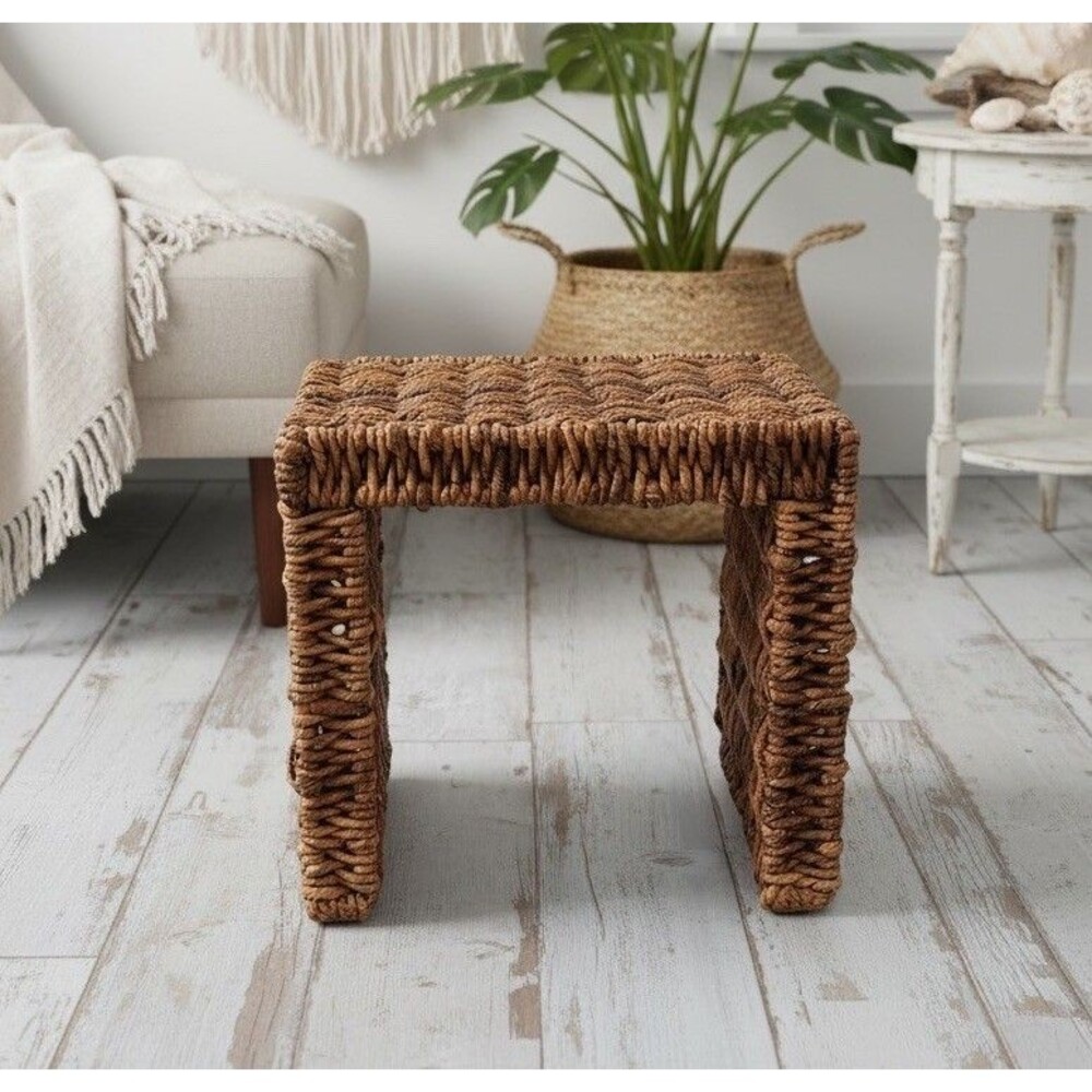 Woven Boho Coastal Stool Small Display Stand Natural Fiber 10x8x9.5 Decor